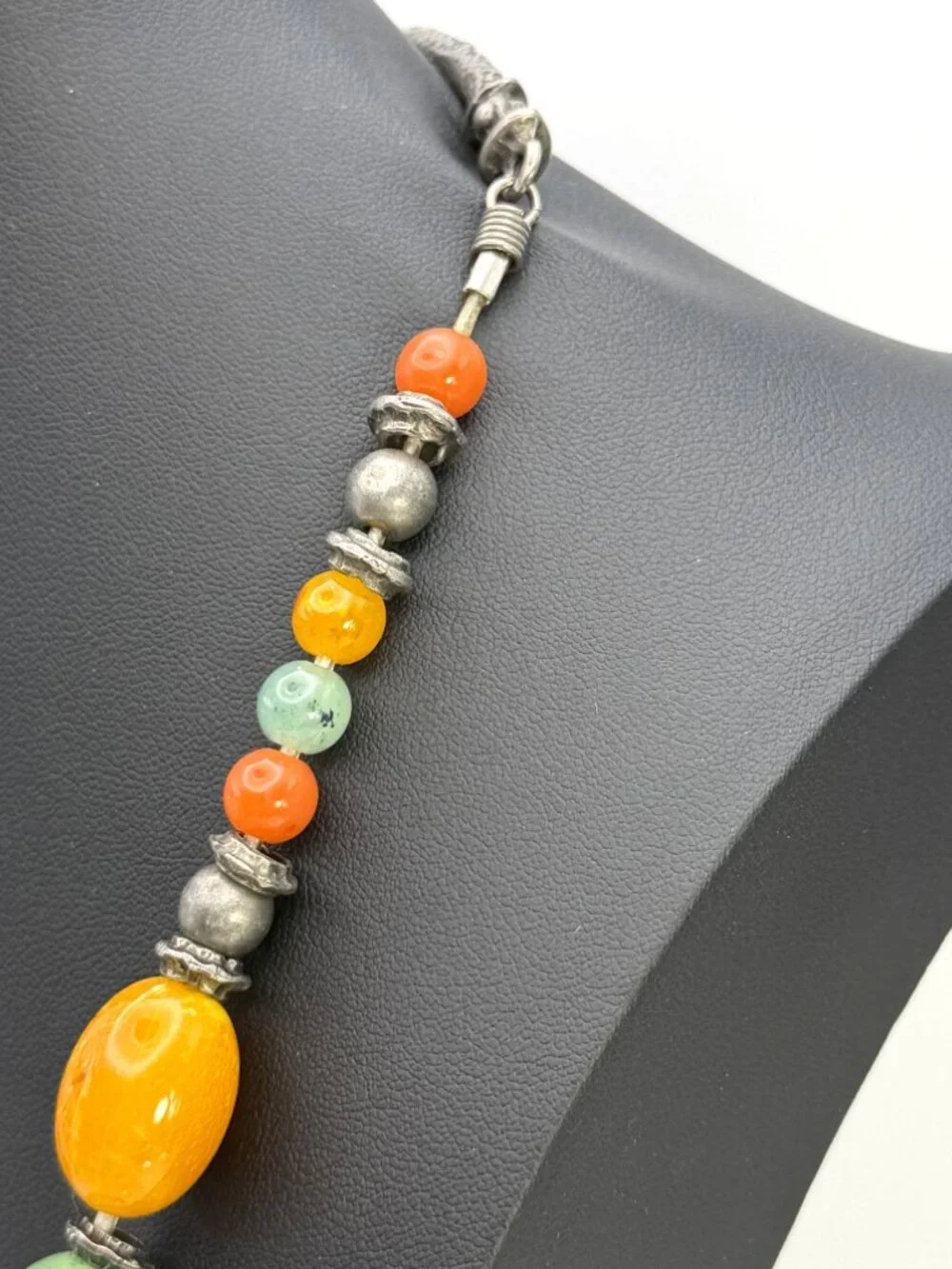 Vintage Chunky Resin Bead Necklace Multi Strand Orange Green Silver Tone 124g